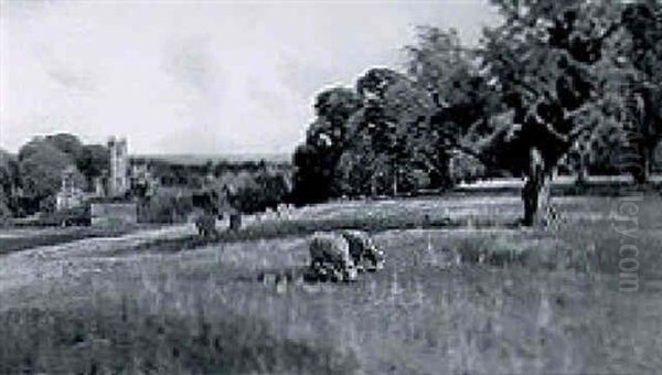 Sheep Grazing In An Extensive Landscape With A Village Beyond Oil Painting by Arthur William Redgate