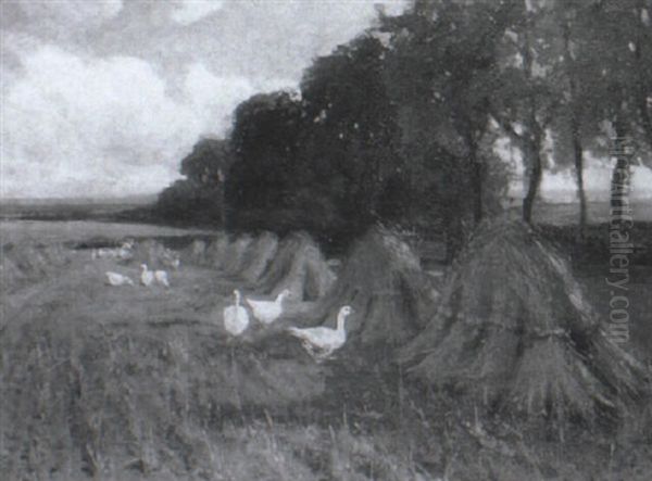 Geese In A Harvest Field Oil Painting by Arthur William Redgate