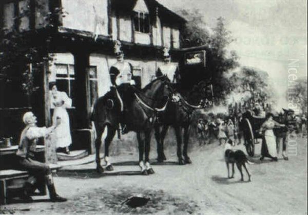 Dragoons And Figures In Front Of The Swan Inn Oil Painting by Arthur William Redgate