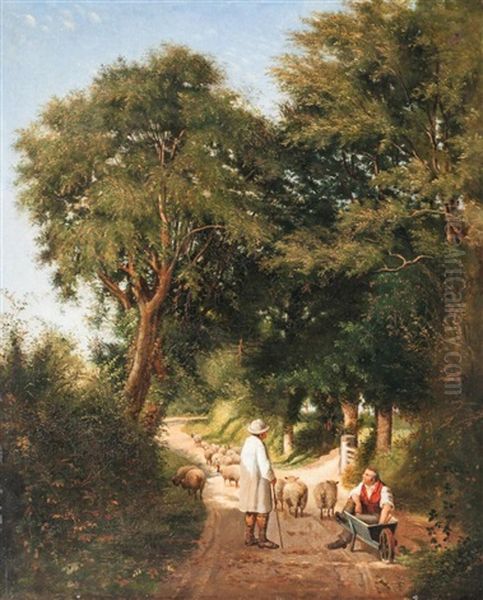 Trees Forming A Copse With Shepherd And Sheep And Another Figure In A Lane Oil Painting by Richard Redgrave