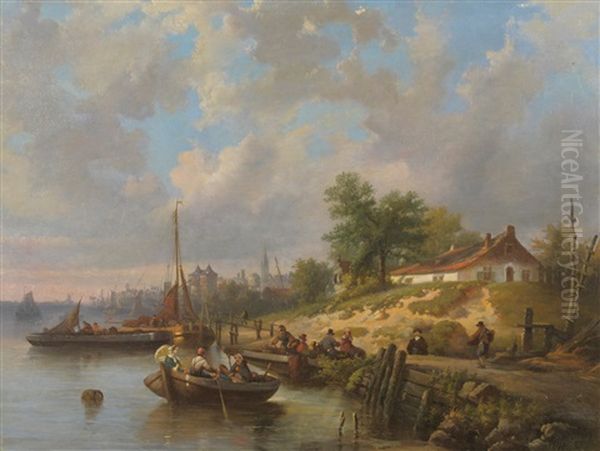 Dutch River Scene Oil Painting by Laurent Herman Redig