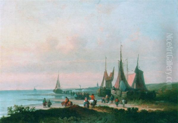 Fishing Boats At Low Tide And Villagers On The Beach Oil Painting by Laurent Herman Redig