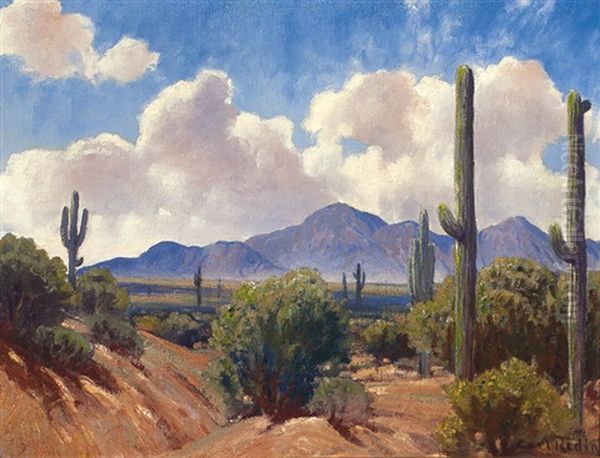 Saguaros And Mountains Oil Painting by Carl Redin