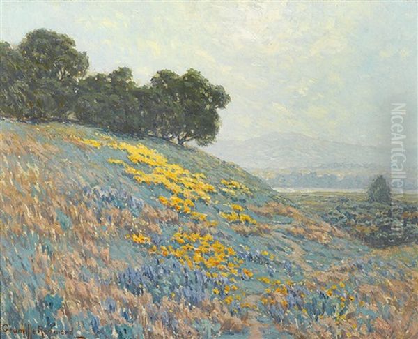 Landscape With Poppies, Lupine And Distant Lake Oil Painting by Granville S. Redmond