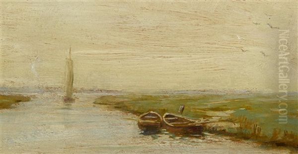 San Pedro Harbor; Boats Along A Marsh (group Of 2) Oil Painting by Granville S. Redmond