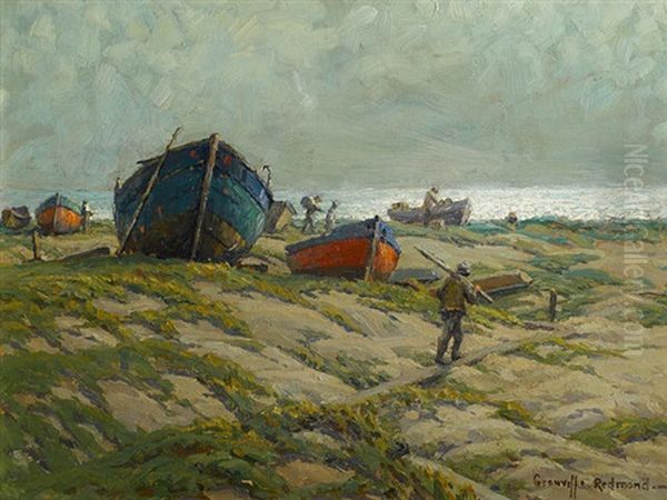 Fishermen And Fishing Boats On The Shore Oil Painting by Granville S. Redmond