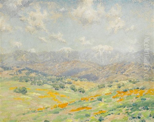 Fields Of Wildflowers With The San Gabriel Mountains Beyond Oil Painting by Granville S. Redmond