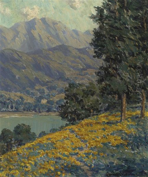 California Poppies With A Lake And Mountains Beyond Oil Painting by Granville S. Redmond