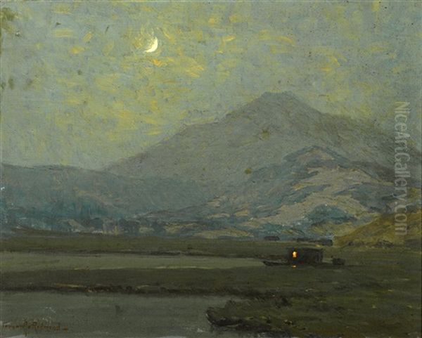 Mount Tamalpais In Moonlight With A Moored Vessel In The Marshes Below Oil Painting by Granville S. Redmond