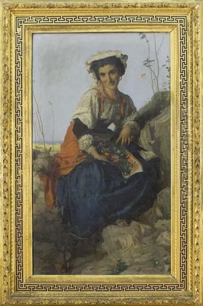 Ritratto Di Giovane Popolana Con Roma Sullo Sfondo Oil Painting by Adriano Bonifazi