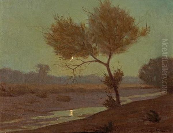 A Crescent Moon Oil Painting by Granville S. Redmond