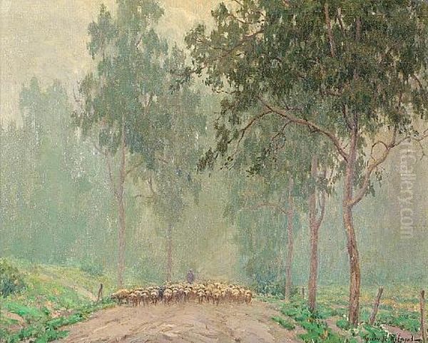 A Shepherd And His Flock In The Early Morning Mist by Granville S. Redmond