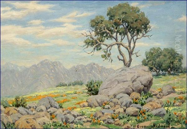 California Landscape With Oak Trees, Poppies And Rocks by Granville S. Redmond