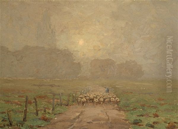 Shepherd Herding Sheep In Misty Landscape Oil Painting by Granville S. Redmond