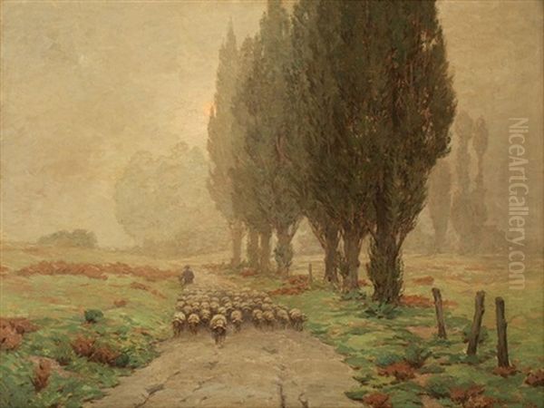 Going Home, Shepherd With Flock Of Sheep In Atmospheric Landscape Oil Painting by Granville S. Redmond