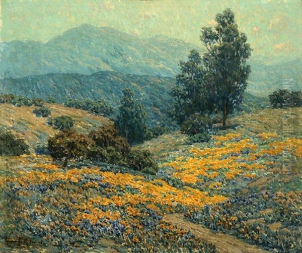 California Landscape With Eucalyptus, Poppies And Lupine Oil Painting by Granville S. Redmond