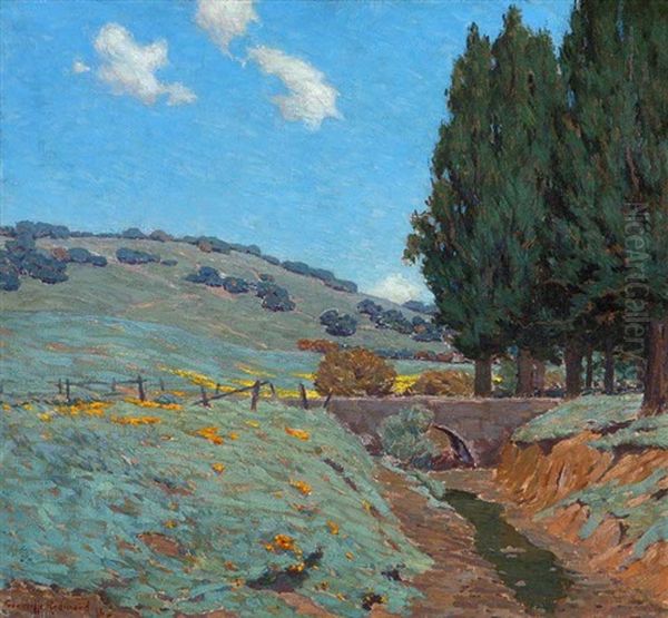 Landscape Flower Field In Atmospheric California Landscape Oil Painting by Granville S. Redmond