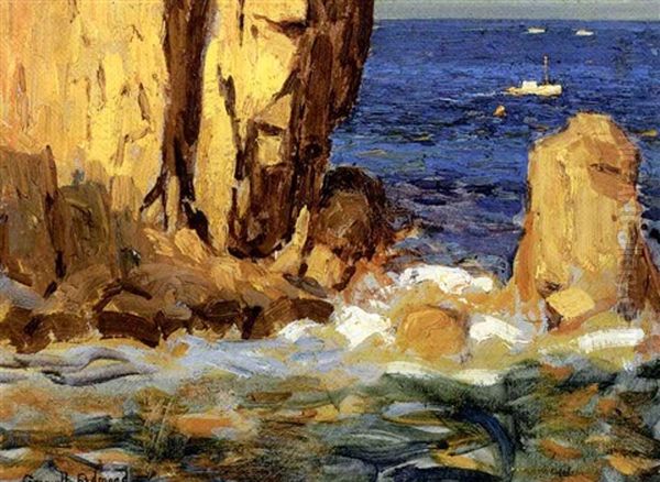 Fishing Boat Off The Rocky Coast Of Catalina Oil Painting by Granville S. Redmond