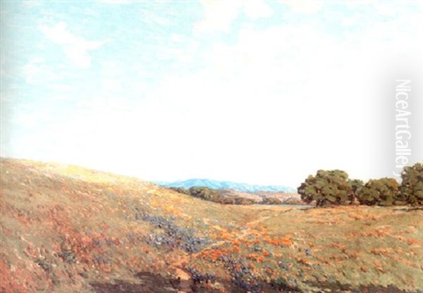 Field Of Mustard Poppies And Lupine Oil Painting by Granville S. Redmond