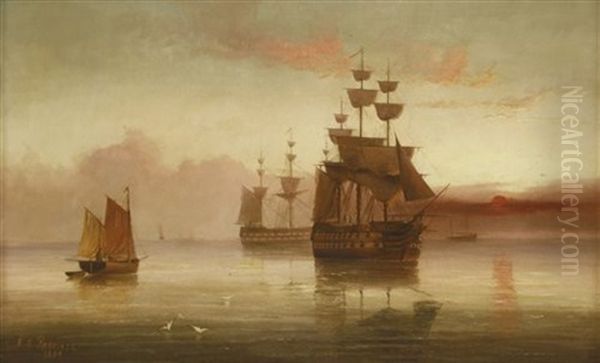 Men Of War At Anchor At Sunset Oil Painting by Edward King Redmore