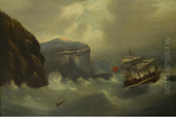 A British Ship In Distress Off A Rocky Coast Oil Painting by Edward King Redmore