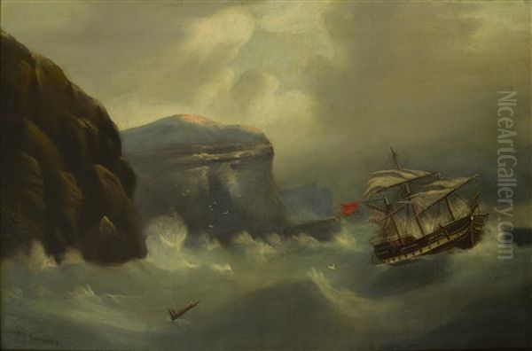 A British Ship In Distress Off A Rocky Coast Oil Painting by Edward King Redmore