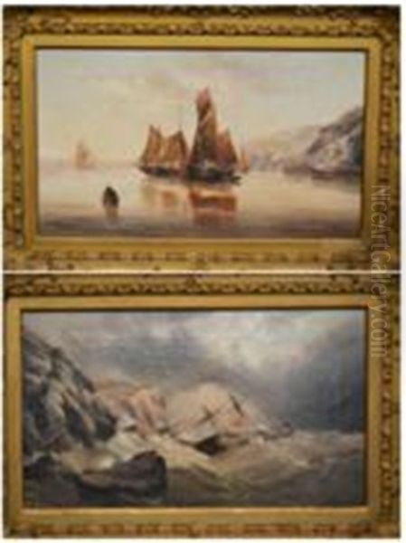 Figures In Fishing Boats Off A Coastline; Dismasted Vessel In A Stormy Sea Off A Coastline (pair) Oil Painting by Edward King Redmore