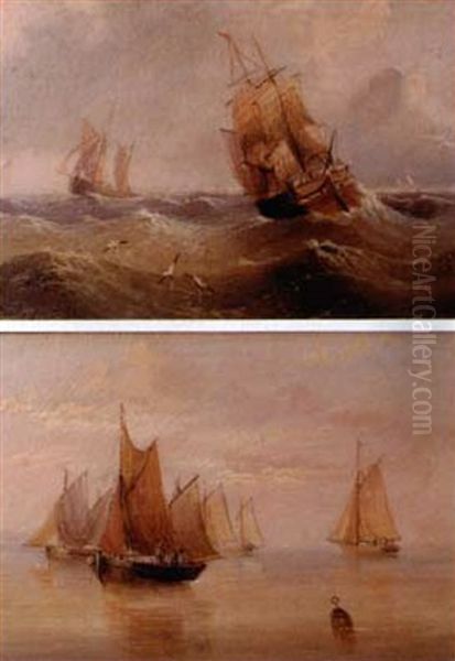 Ships In Full Sail In Rough Sea (+ Ships In Full Sail In Calm Sea; Pair) Oil Painting by Edward King Redmore