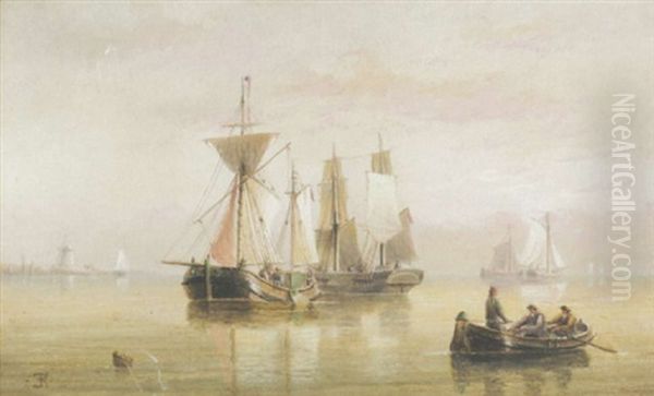 Small Merchant Traders Drying Their Sails Off-shore Oil Painting by Edward King Redmore