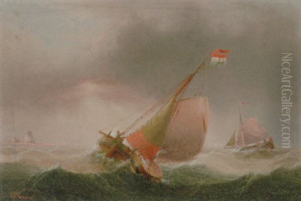 A Dutch Barge In Choppy Waters, A Lighthouse Beyond Oil Painting by Edward King Redmore