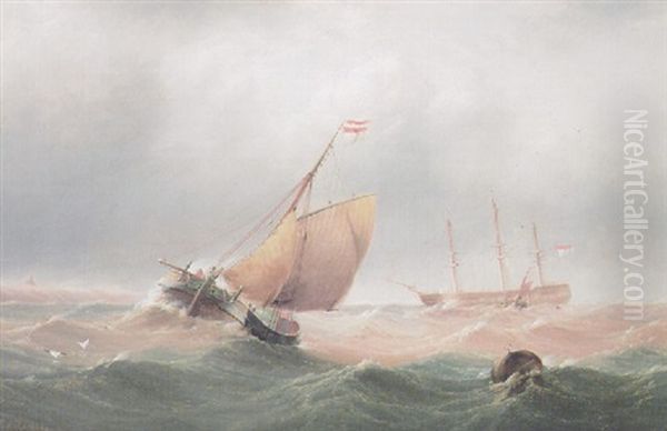 A Dutch Merchantman Riding At Anchor In A Heavy Swell As A Barge Heads For Shore Oil Painting by Edward King Redmore