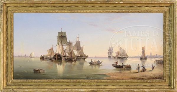 Ships Anchored In Calm Waters In Evening Light Oil Painting by Henry Redmore