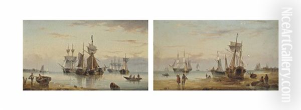 Trading Vessels And Other Shipping In An Anchorage (+ Fishing Boats At Low Tide (both Illustrated); Pair) Oil Painting by Henry Redmore