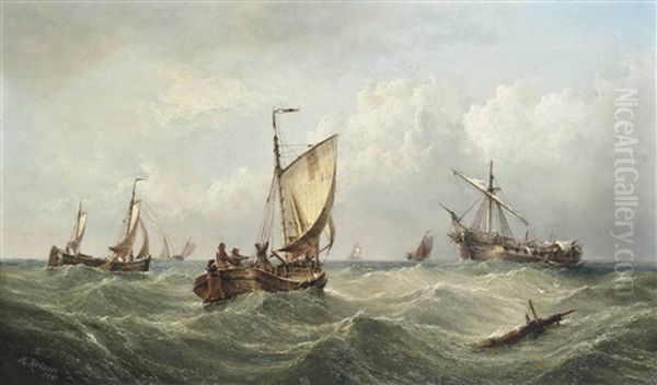 Fishing Barges Running Towards A Dismasted Merchantman Oil Painting by Henry Redmore