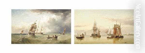 Merchant Shipping In The Channel Off Scarborough (+ A Calm Day On The Humber Estuary (both Illustrated); Pair) Oil Painting by Henry Redmore