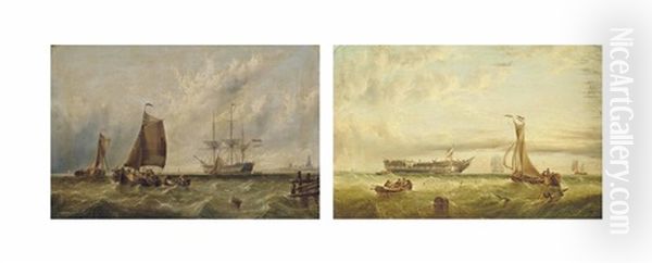 A Dutch Warship And Smalschips In A Rising Breeze (+ Fishing Boats Approaching A Wreck (both Illustrated); Pair) Oil Painting by Henry Redmore