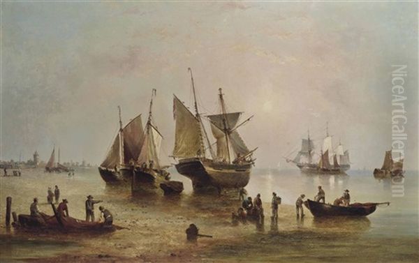 Beached Fishing Barges At The End Of The Day With Fishermen Mending Their Nets And Sorting The Catch Oil Painting by Henry Redmore