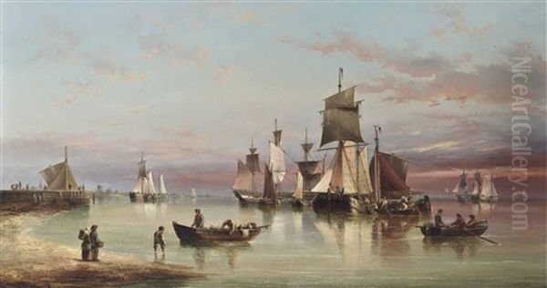 A Crowded Anchorage Off The Low Countries At Dusk Oil Painting by Henry Redmore