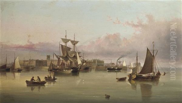 A Paddlesteamer Coming Into The Harbour At Hull At Dusk, With Trading Brigs And Other Shipping At Anchor Oil Painting by Henry Redmore