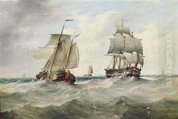 A Dutch Barge And A Merchantman Passing In The Channel Oil Painting by Henry Redmore