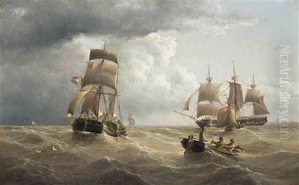 A British Armed Merchantman And A Dutch Barge In Coastal Waters Oil Painting by Henry Redmore