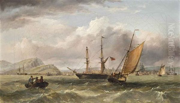 Shipping In A Stiff Breeze Off The Entrance To The Harbour At Scarborough Oil Painting by Henry Redmore