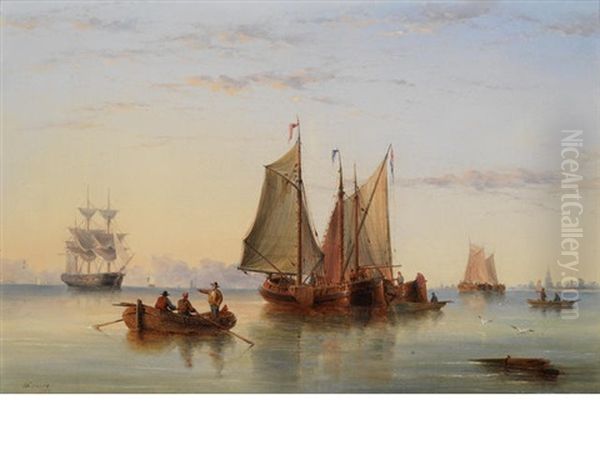 Dutch Galjots, A Calm On The Humber Estuary Oil Painting by Henry Redmore