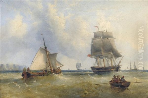 Fishing Boats And Other Shipping Off A Coastline Oil Painting by Henry Redmore