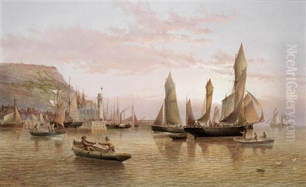 The Harbour And Lighthouse, Scarborough Oil Painting by Henry Redmore