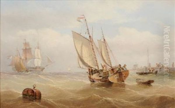 A Dutch Trader Leaving Port, Figures By A Jetty And A Three Master Off Shore Oil Painting by Henry Redmore