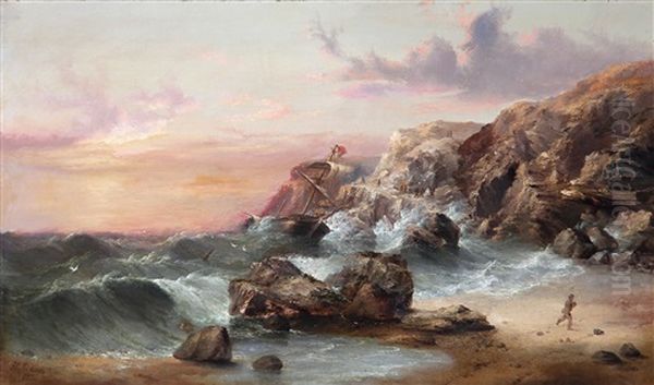 A Shipwreck Off A Rocky Coast Oil Painting by Henry Redmore