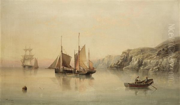 Fishing Boats Off The Coast Oil Painting by Henry Redmore