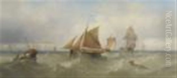 Figures In Fishing Boats Off The Yorkshire Coastline Oil Painting by Henry Redmore