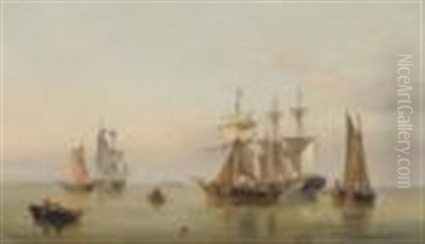 Figures In Fishing Boats Off The Humber Estuary Oil Painting by Henry Redmore